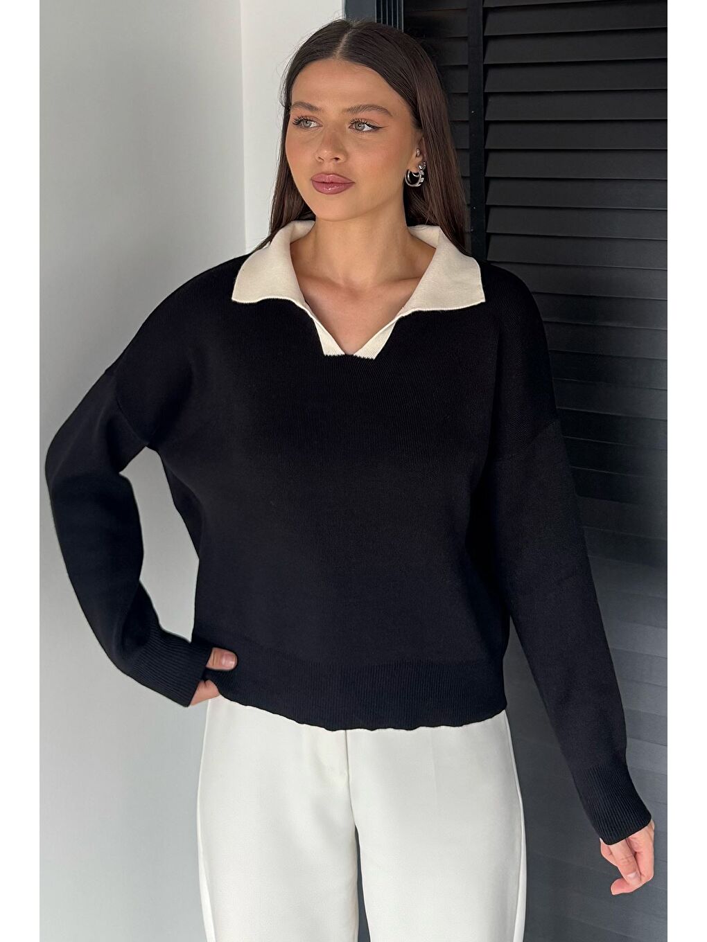 Siyah Polo Yaka Salaş Triko Bluz (s,m,l,xl Uyumludur)-1