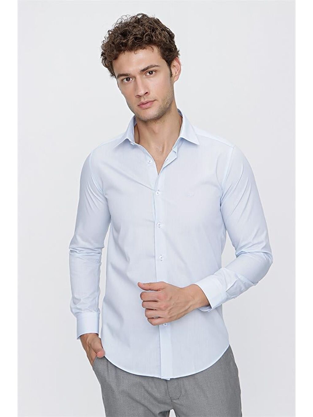 Mavi Uzun Kol Sert Yaka  Slim Fit Dar Kesim Klasik Gömlek 1004220228