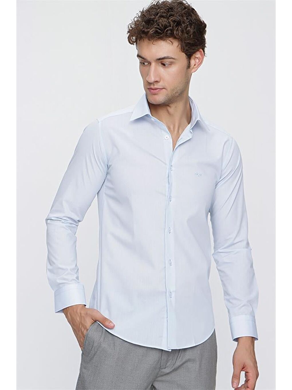 Mavi Uzun Kol Sert Yaka  Slim Fit Dar Kesim Klasik Gömlek 1004220228-1