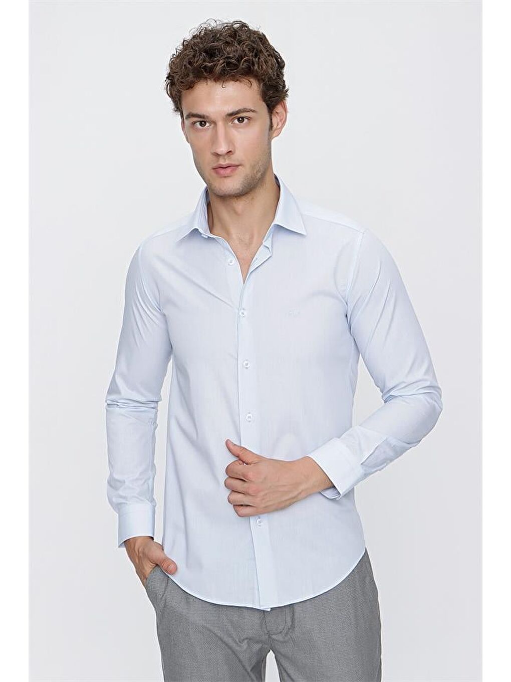 Mavi Uzun Kol Sert Yaka  Slim Fit Dar Kesim Klasik Gömlek 1004220228-2