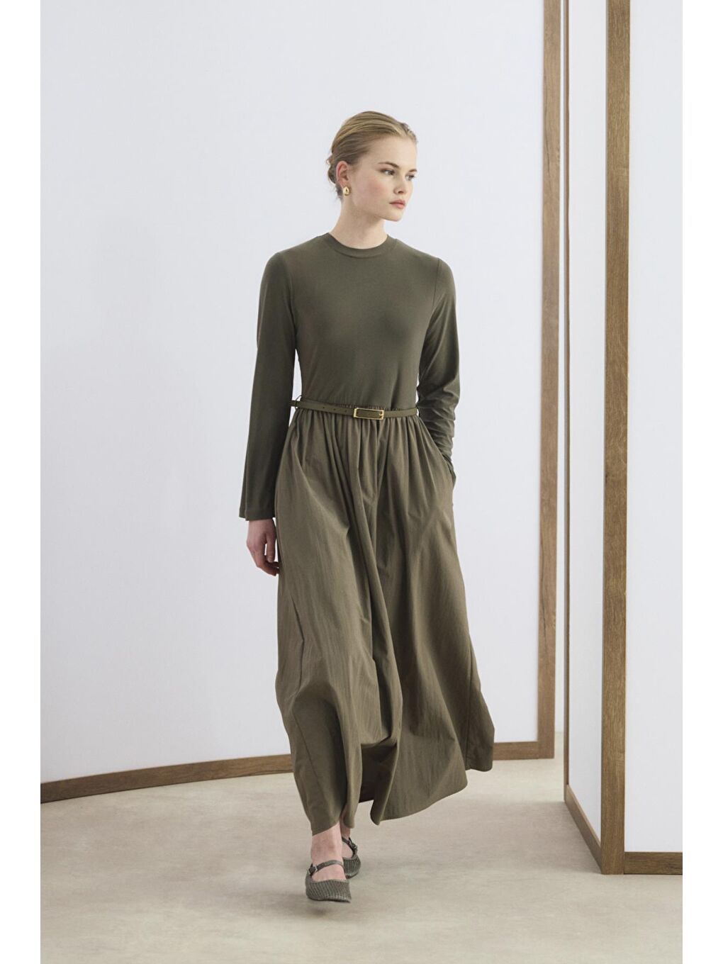 Dar Kesim Kemerli Mix Elbise Yeşil-1