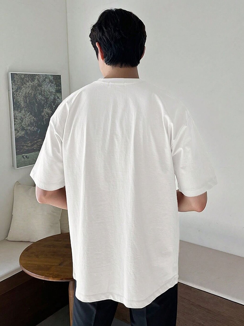 Erkek Beyaz Düz %100 Organik Pamuk Örme Oversize Tişört-1