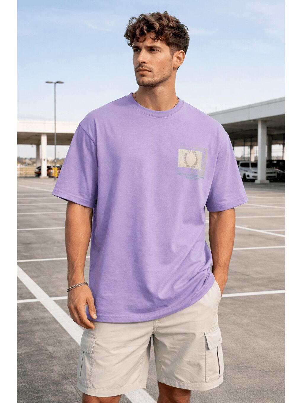 Lila Oversize Erkek Tişört Baskılı Pamuklu Rahat Kesim Streetwear Yazlık Basic T-Shirt-1