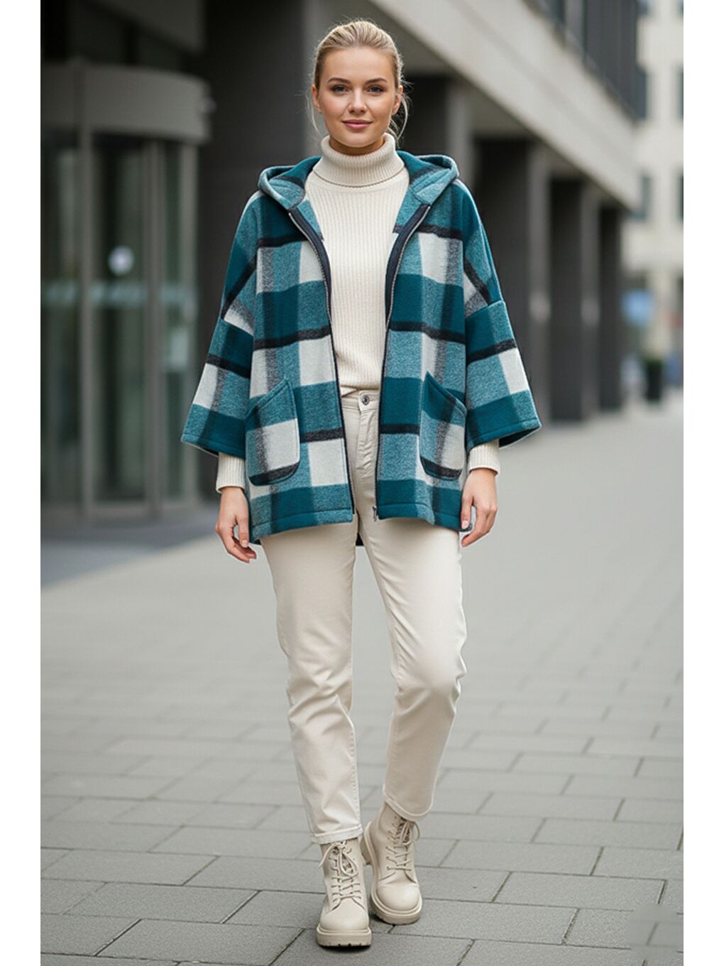 İtalyan Yeşil Kapüşonlu Uzun Kol Ekose Fermuarlı Cepli Casual Yün Oversize Dokuma Ceket 75 80-1