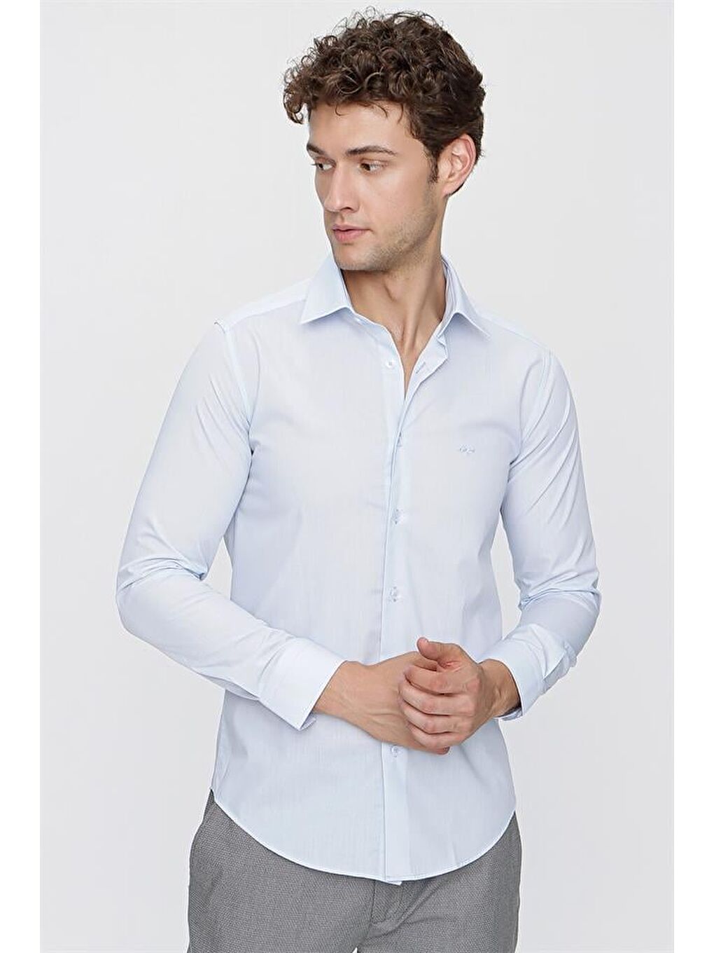 Mavi Uzun Kol Sert Yaka  Slim Fit Dar Kesim Klasik Gömlek 1004220228-3