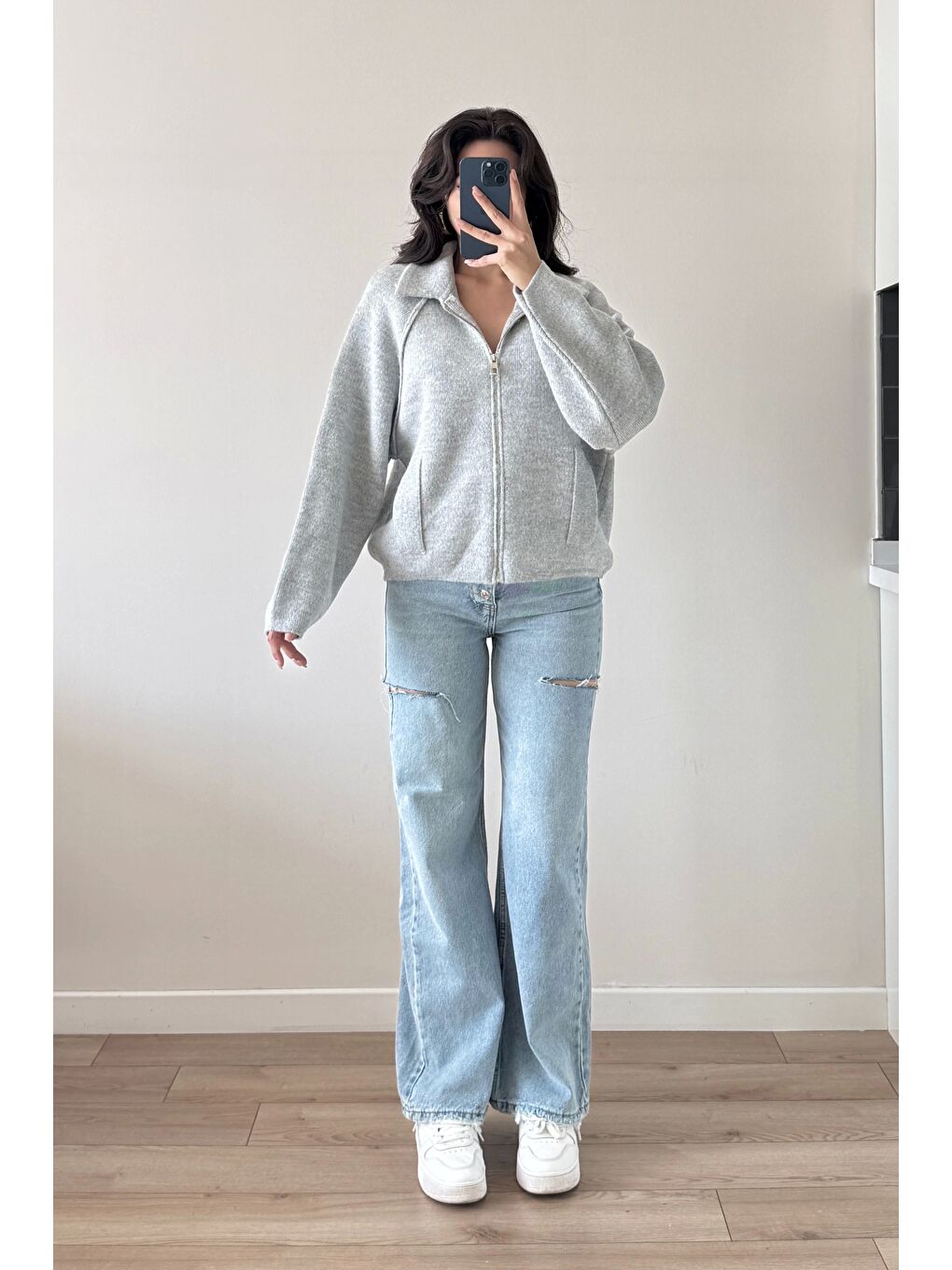 Kadın Gri Fermuarlı Oversize Hırka 1014-2381-2