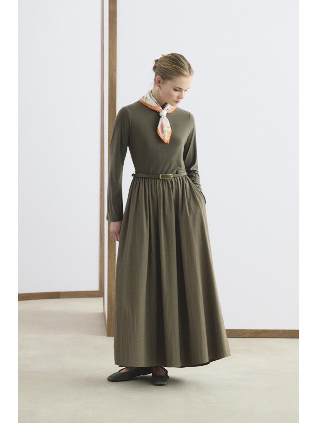 Dar Kesim Kemerli Mix Elbise Yeşil-2