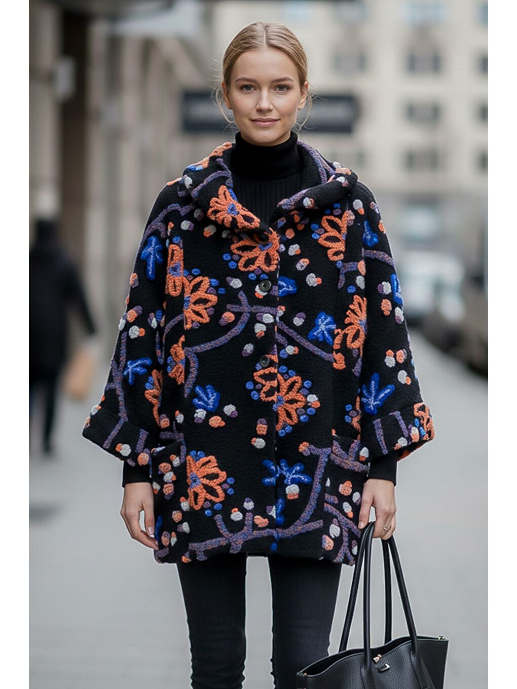 İtalyan Siyah Uzun Kol Desenli Düğmeli Cepli Casual Keçe Kumaş Oversize Dokuma Ceket 80 80