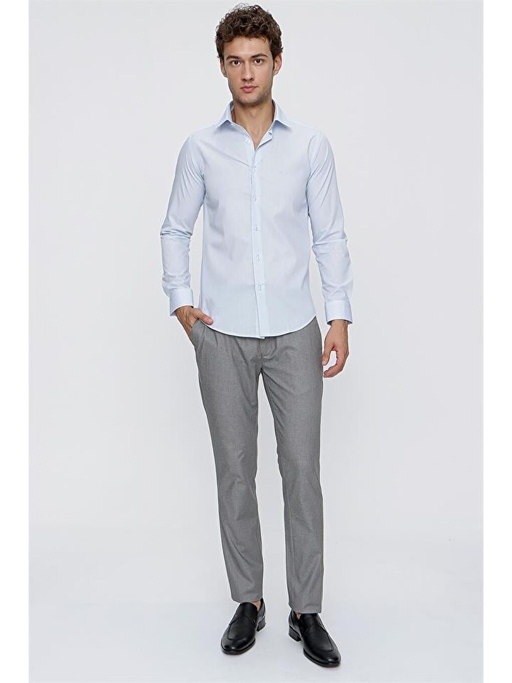 Mavi Uzun Kol Sert Yaka  Slim Fit Dar Kesim Klasik Gömlek 1004220228-4