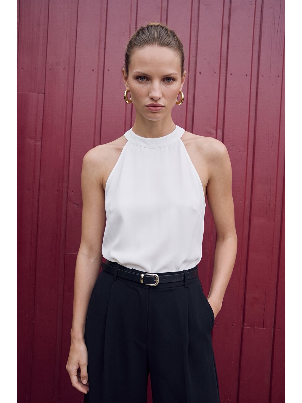 Halter Yaka Bluz - Ekru