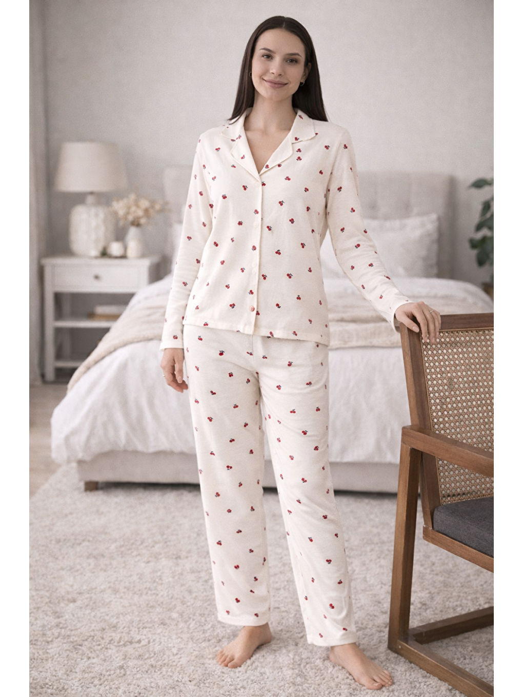 Kırmızı Kadın Desenli Gömlek Yaka Waffle Kumaş Yüksek Kalite Düğmeli Uzun Kollu Pijama Takımı