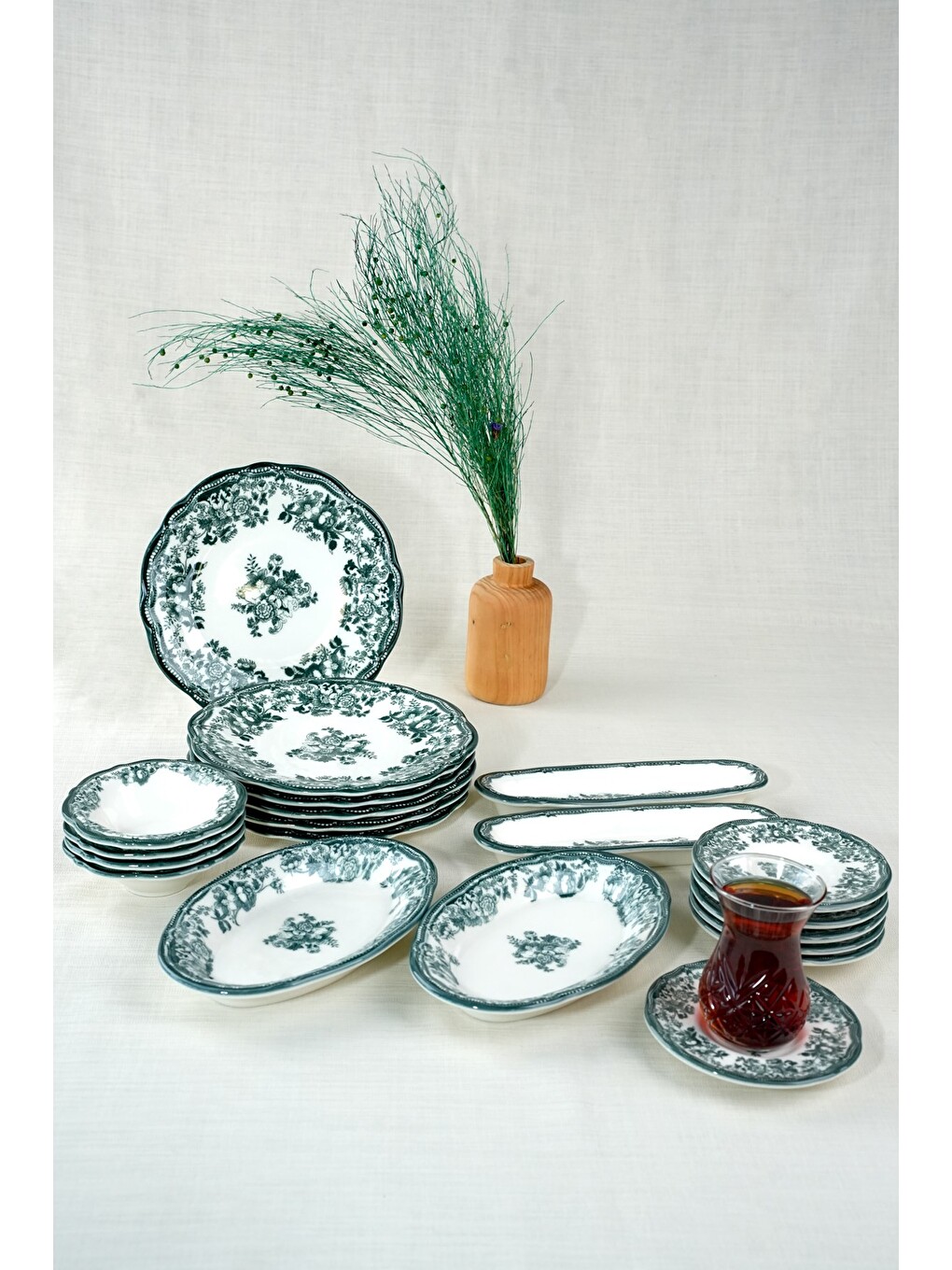Beyaz Porselen Velour Green Fulya Kahvaltı Seti 6 Kişilik 20 Parça-2