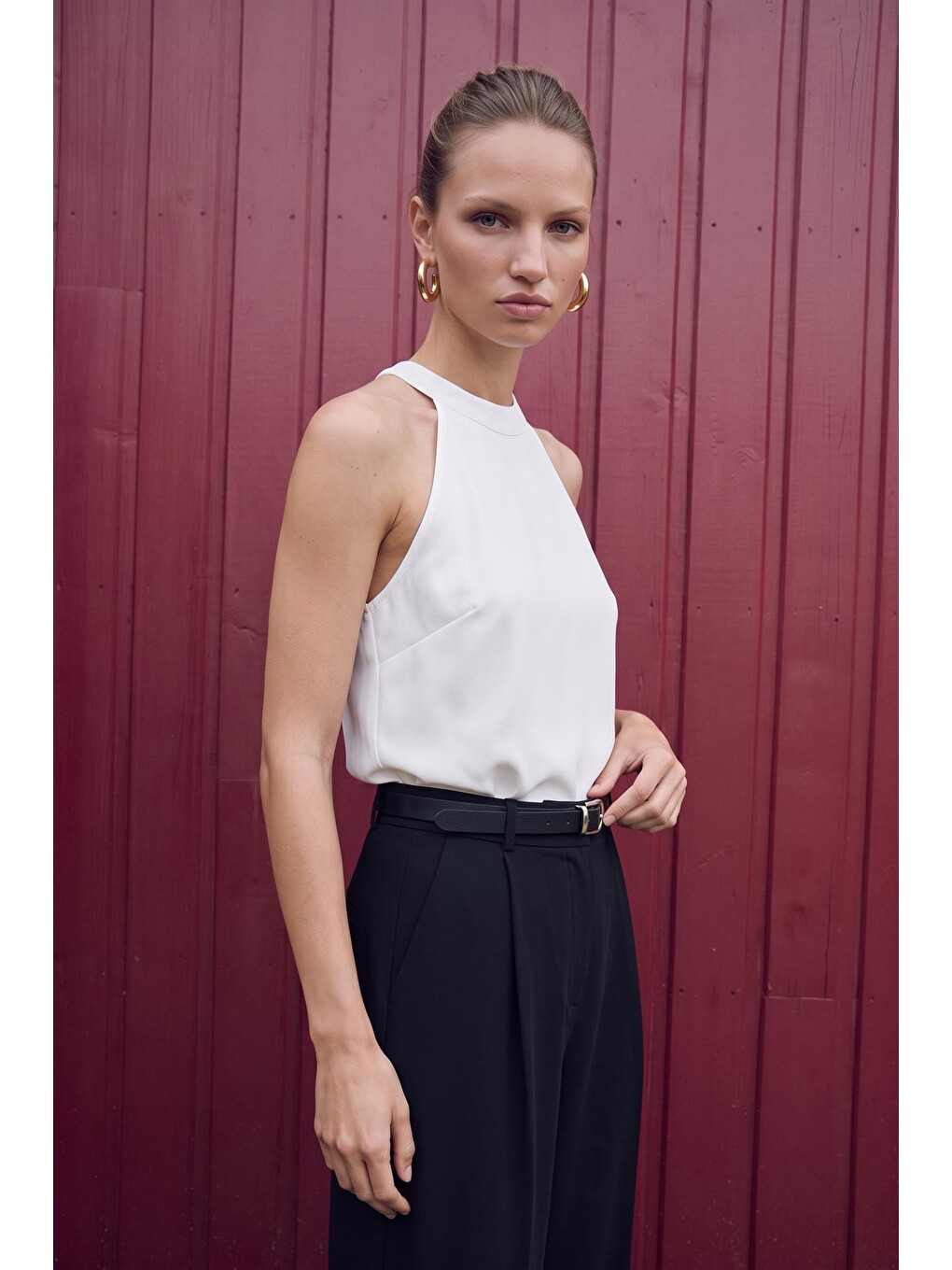 Halter Yaka Bluz - Ekru-1