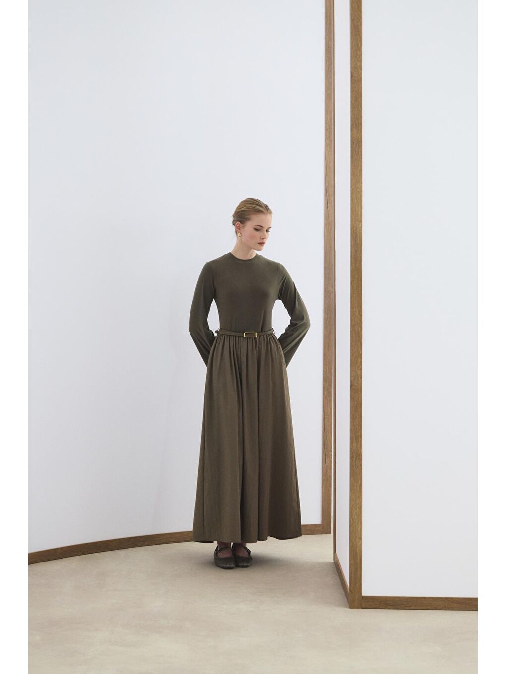 Dar Kesim Kemerli Mix Elbise Yeşil-3