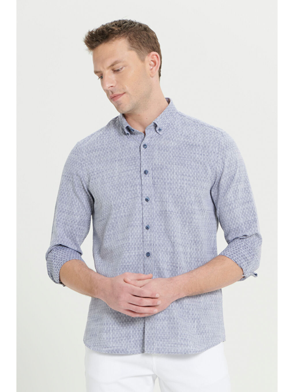 Erkek Lacivert Slim Fit Dar Kesim %100 Pamuk Armürlü Düğmeli Yaka Casual Gömlek