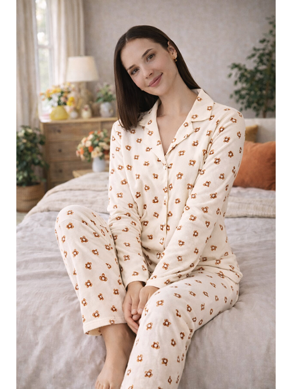 Kahverengi Kadın Desenli Gömlek Yaka Waffle Kumaş Yüksek Kalite Düğmeli Uzun Kollu Pijama Takımı-1