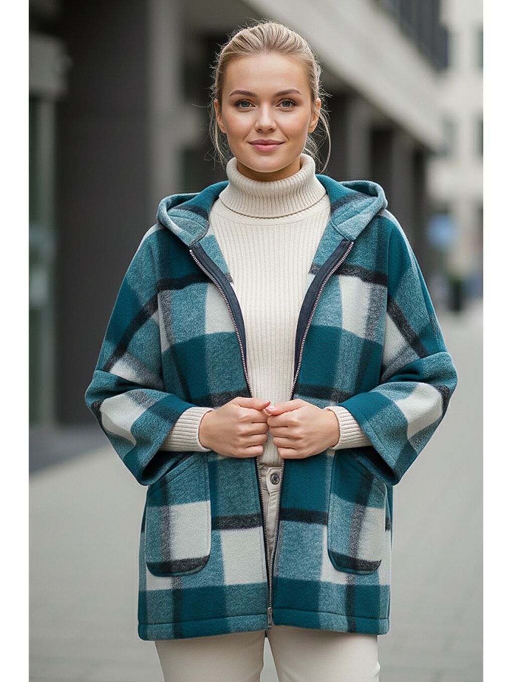 İtalyan Yeşil Kapüşonlu Uzun Kol Ekose Fermuarlı Cepli Casual Yün Oversize Dokuma Ceket 75 80-2