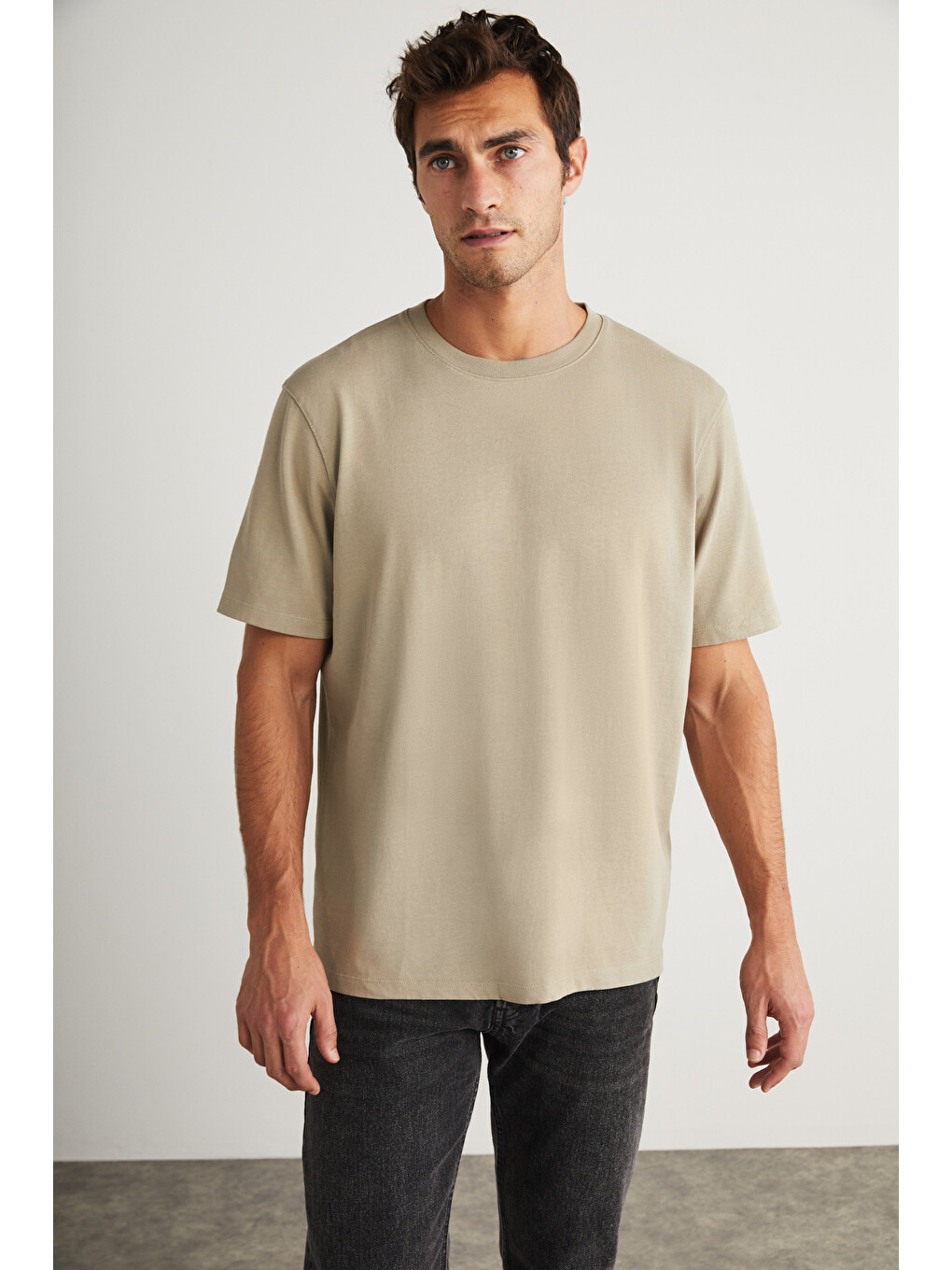 Blas Erkek Basic Oversize %100 Pamuklu Organik Pamuklu Örme Bisiklet Yaka Bej T-shirt-2
