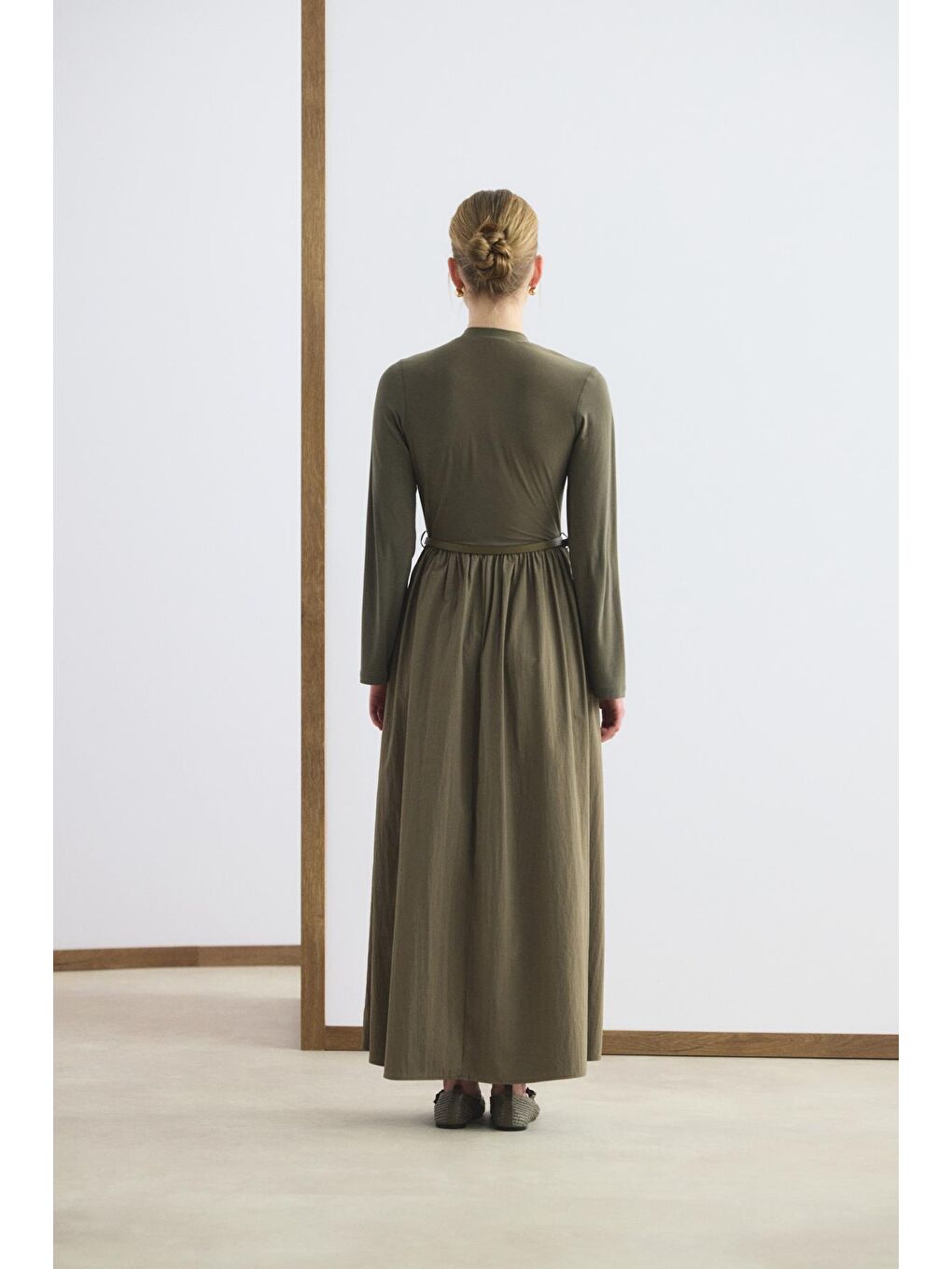 Dar Kesim Kemerli Mix Elbise Yeşil-5