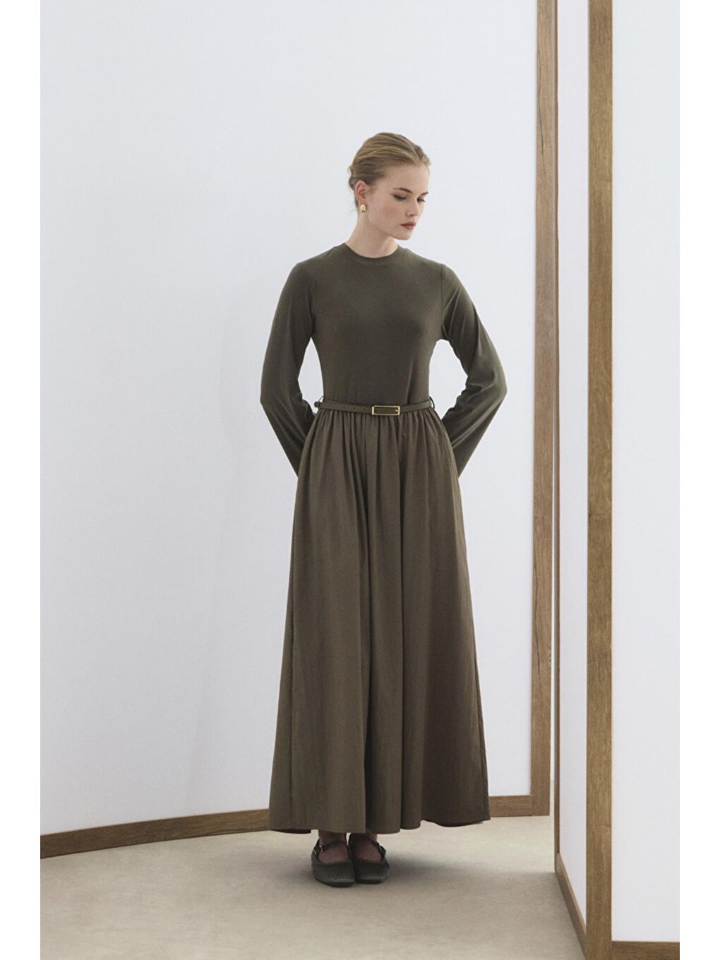 Dar Kesim Kemerli Mix Elbise Yeşil-6