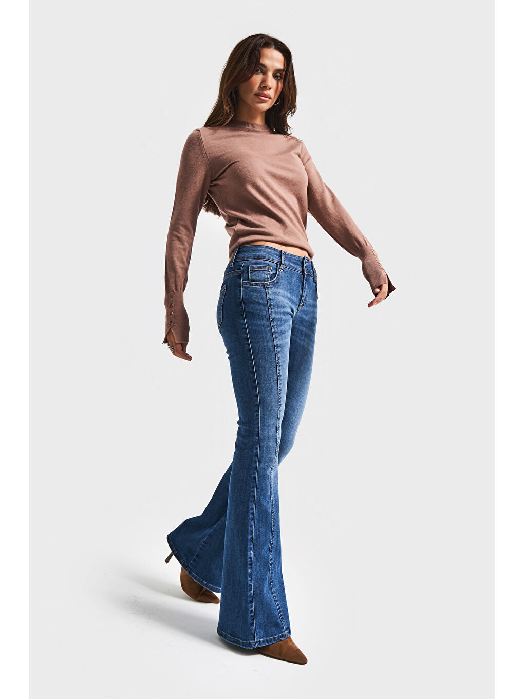 Kadın Koyu Mavi Renk 2w5-5 Midrise Flare Fit Esnek Elastan Kumaş Orta Bel Denim Jean-1