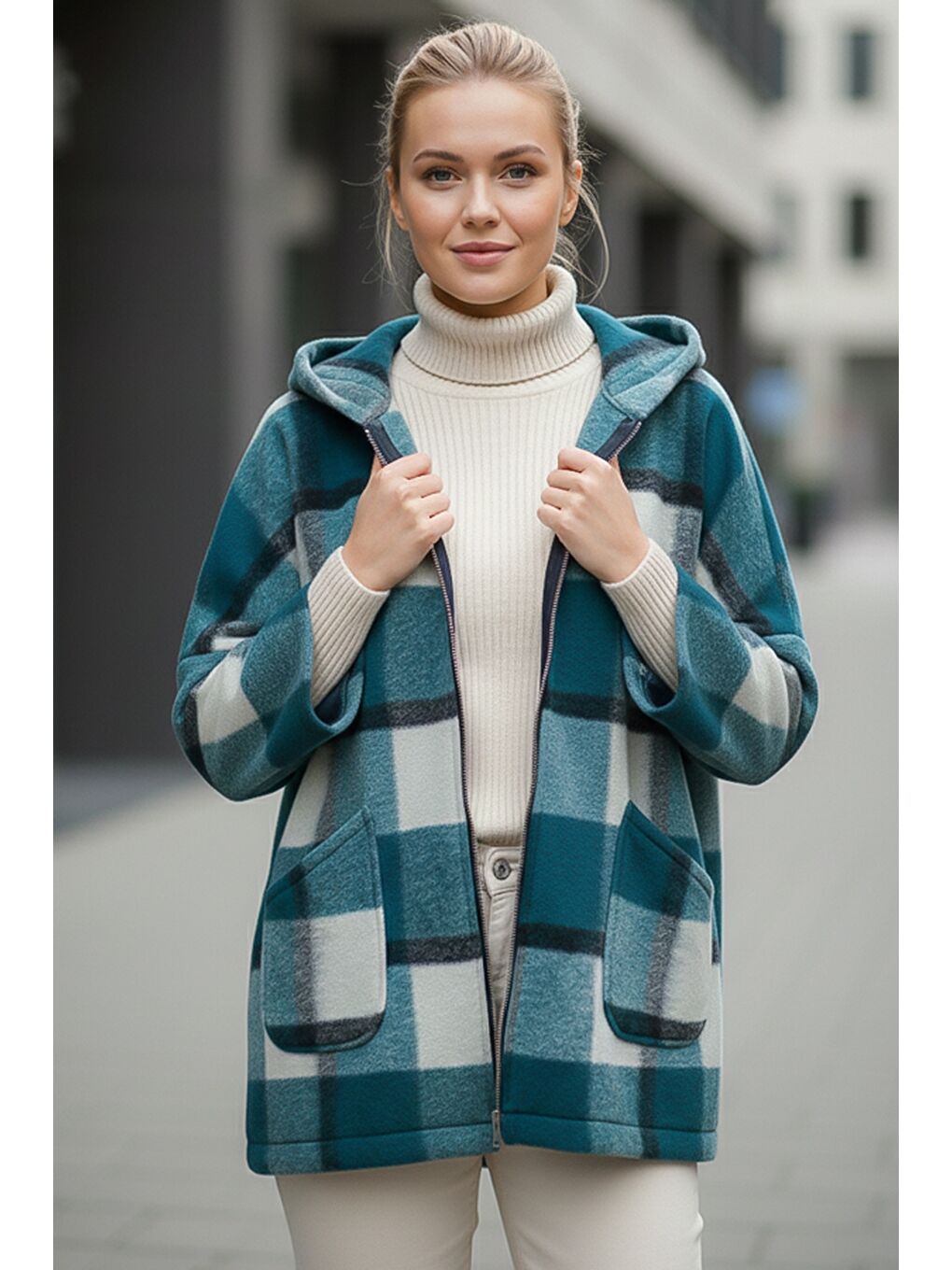 İtalyan Yeşil Kapüşonlu Uzun Kol Ekose Fermuarlı Cepli Casual Yün Oversize Dokuma Ceket 75 80-3