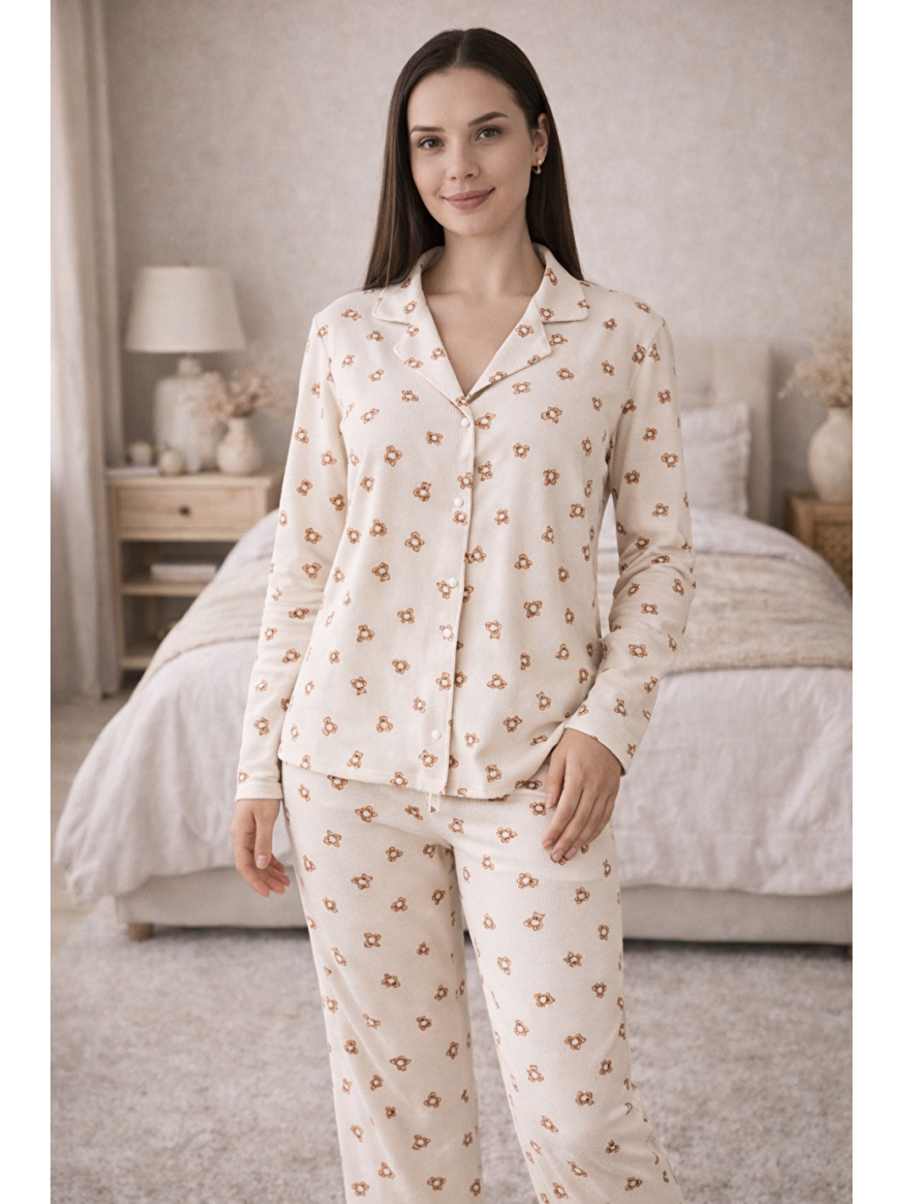 Kahverengi Kadın Desenli Gömlek Yaka Waffle Kumaş Yüksek Kalite Düğmeli Uzun Kollu Pijama Takımı-2