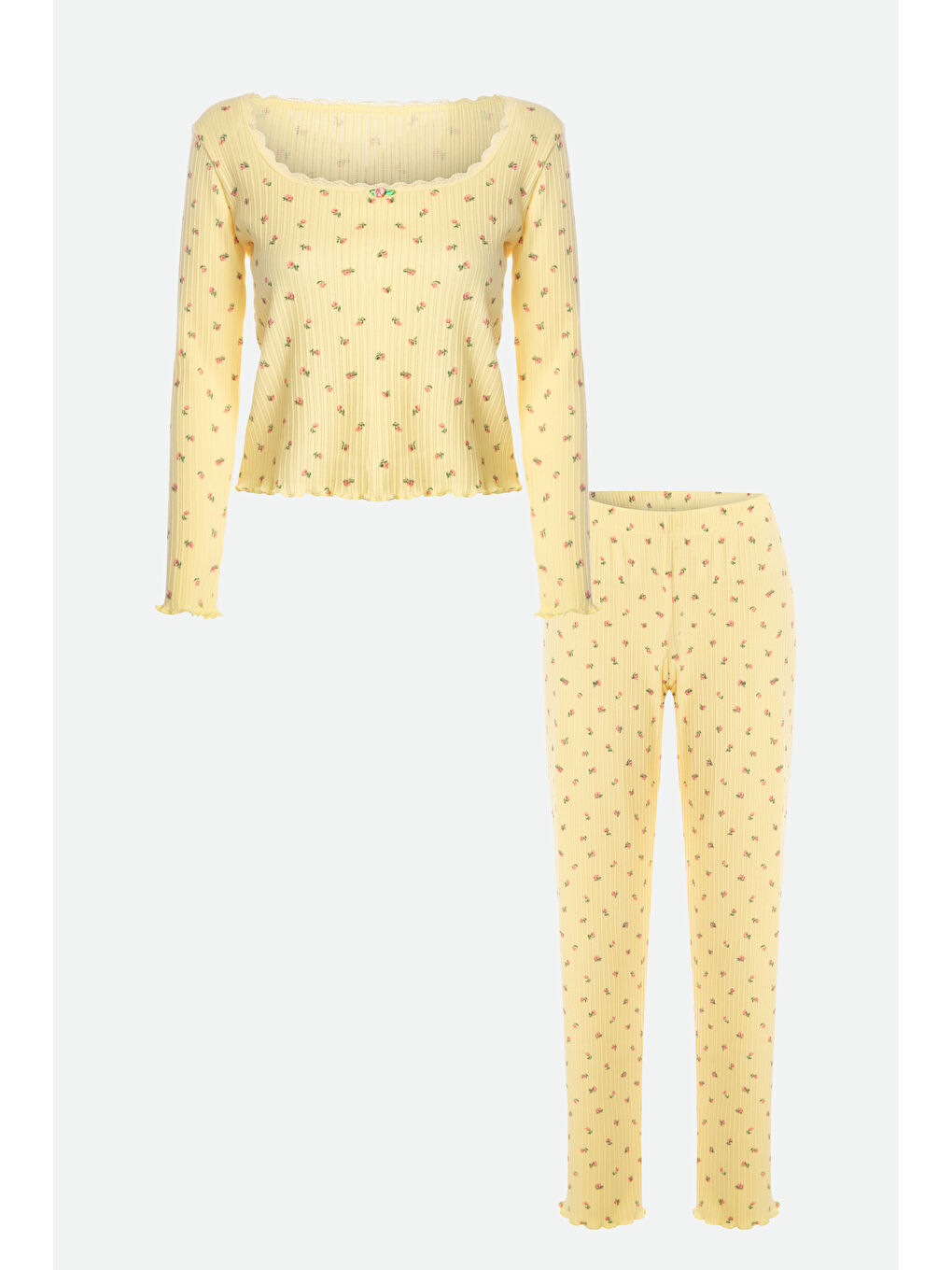 Kahverengi Kadın Kare Dantel Yaka Baby Overloklu Fiyonk Detaylı Pijama Takımı