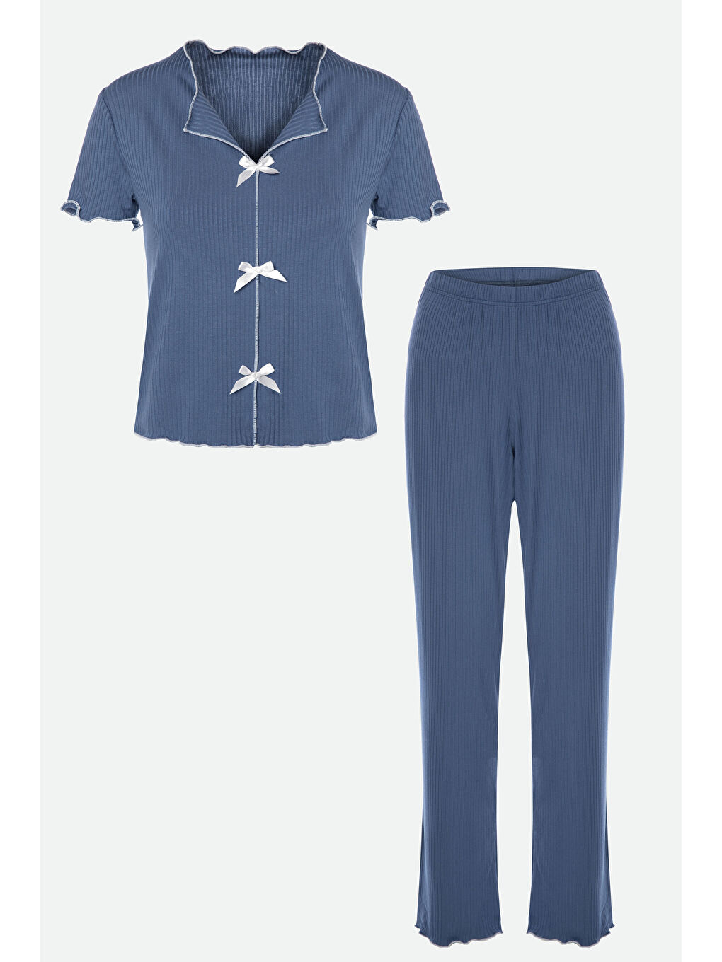 Yeşil Kadın Kısa Kollu Fiyonklu Fitilli Pijama Takımı