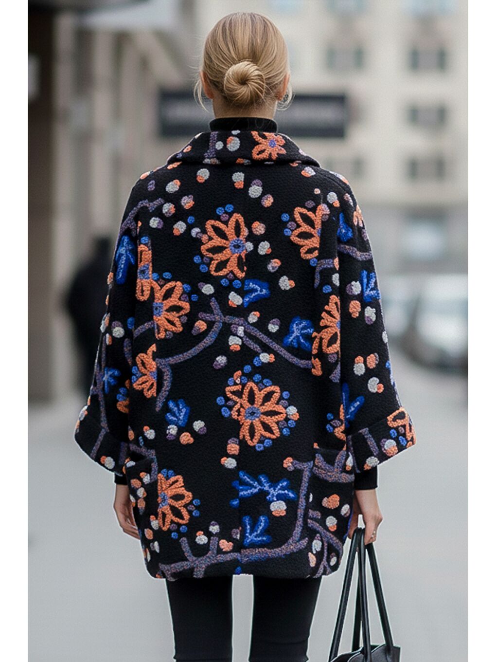 İtalyan Siyah Uzun Kol Desenli Düğmeli Cepli Casual Keçe Kumaş Oversize Dokuma Ceket 80 80-1