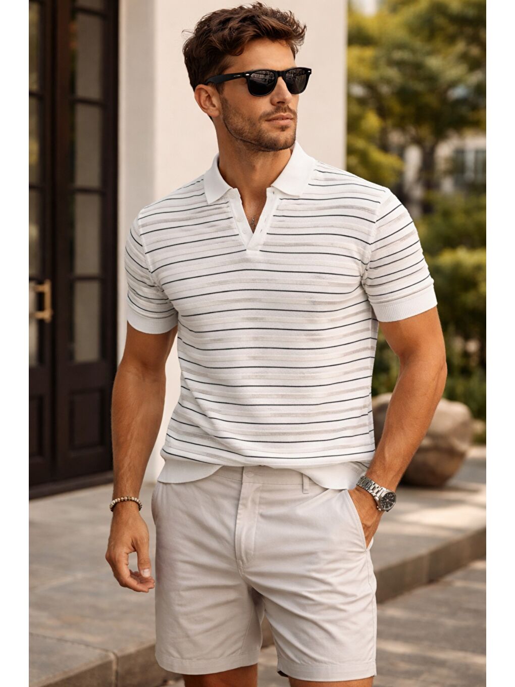 Beyaz Erkek Çizgili Triko Slim Fit Polo Yaka T-Shirt