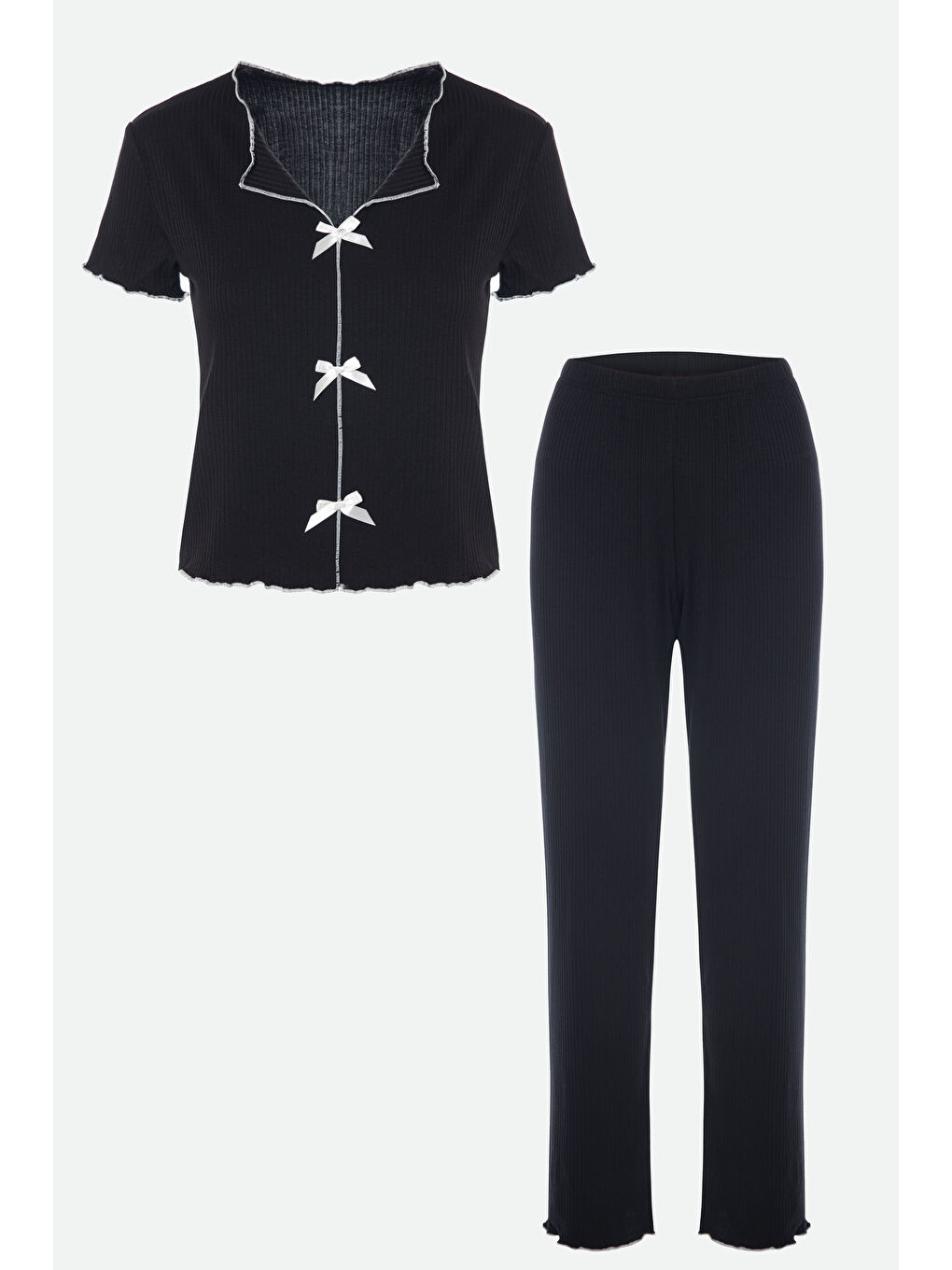 Siyah Kadın Kısa Kollu Fiyonklu Fitilli Pijama Takımı