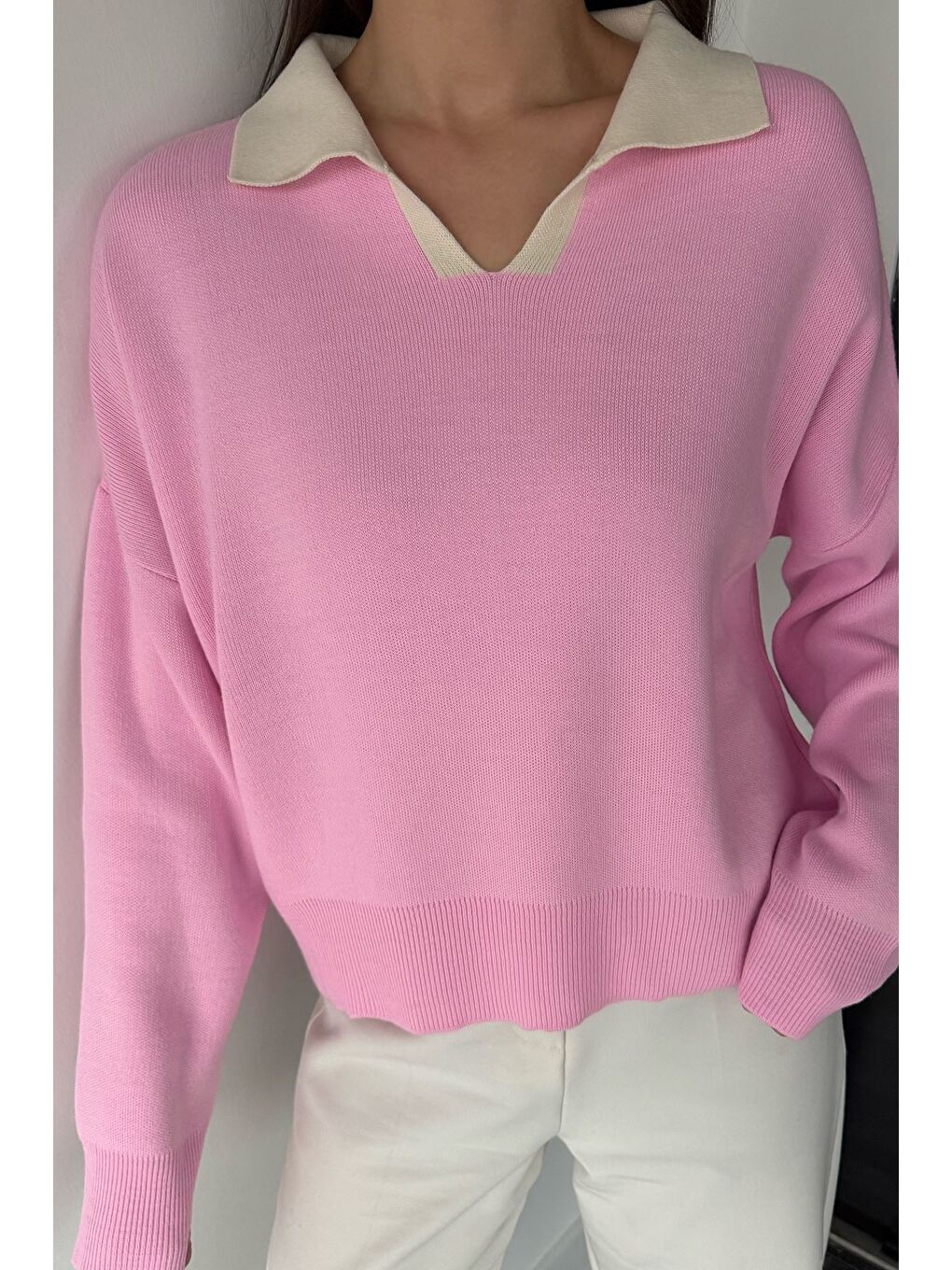 Pembe Polo Yaka Salaş Triko Bluz (s,m,l,xl Uyumludur)-1