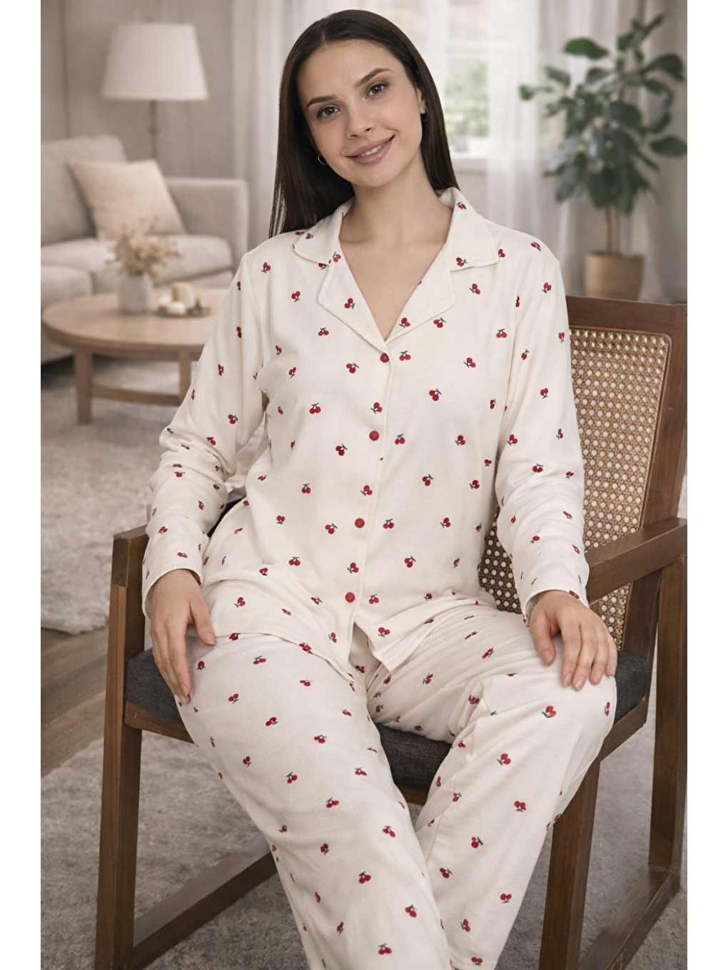 Kırmızı Kadın Desenli Gömlek Yaka Waffle Kumaş Yüksek Kalite Düğmeli Uzun Kollu Pijama Takımı-1