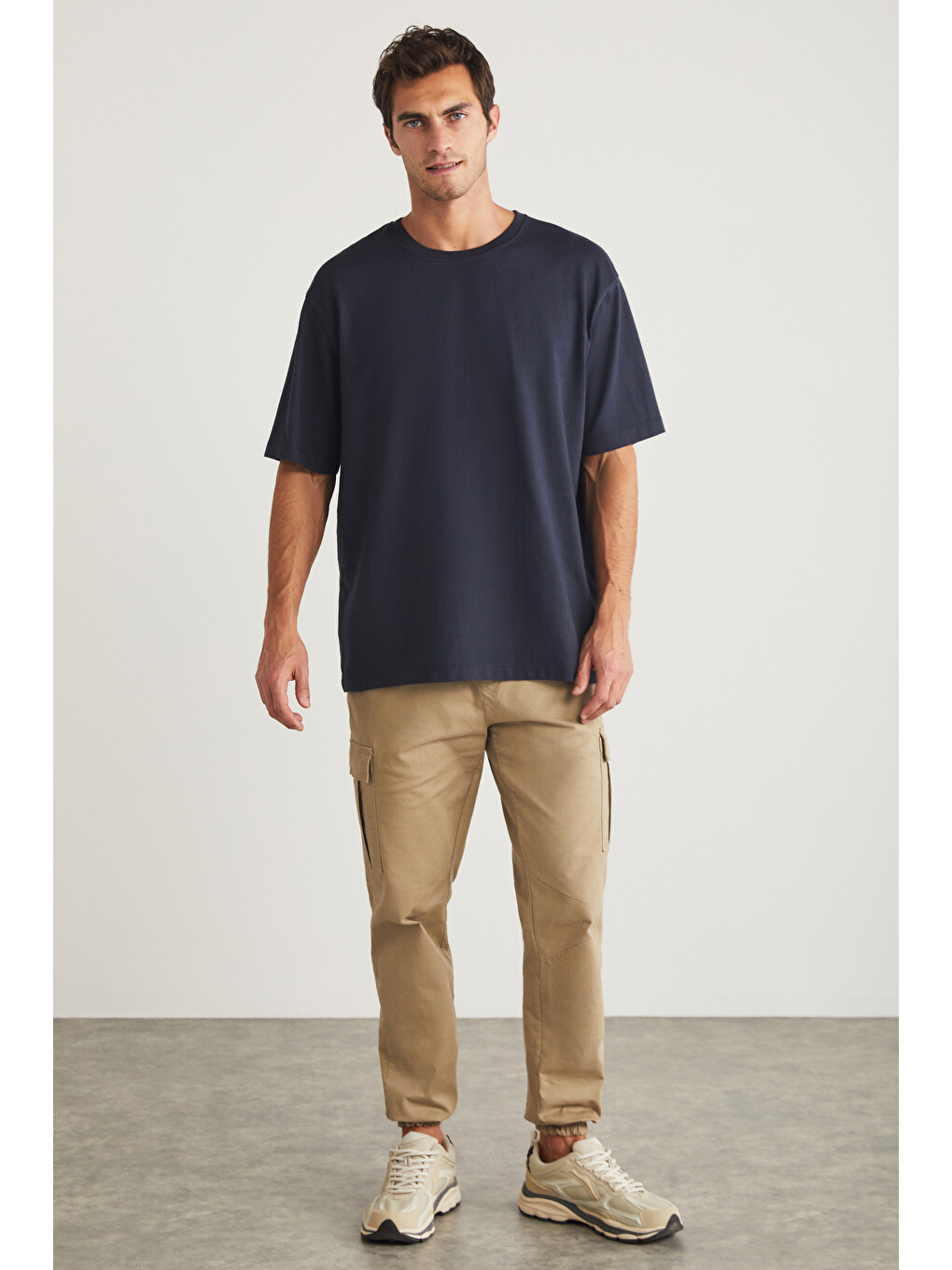 Blas Erkek Basic Oversize %100 Pamuklu Organik Pamuklu Örme Bisiklet Yaka Lacivert T-shirt-2