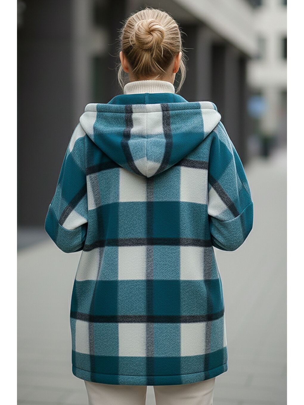 İtalyan Yeşil Kapüşonlu Uzun Kol Ekose Fermuarlı Cepli Casual Yün Oversize Dokuma Ceket 75 80-4