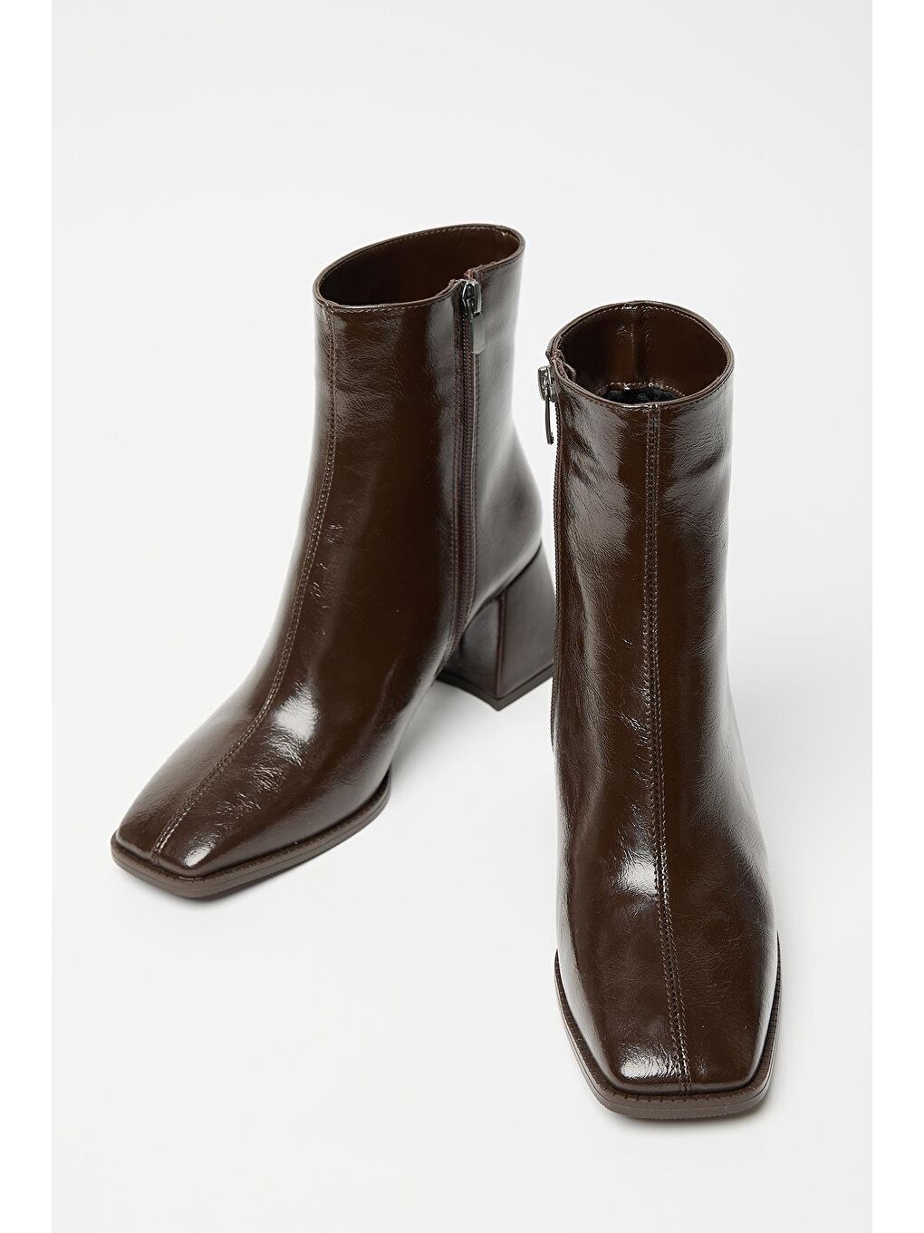 Kadın Kahverengi Rugan Bot & Bootie Küt Burun Topuklu Kontrast Pu Deri Fermuarlı