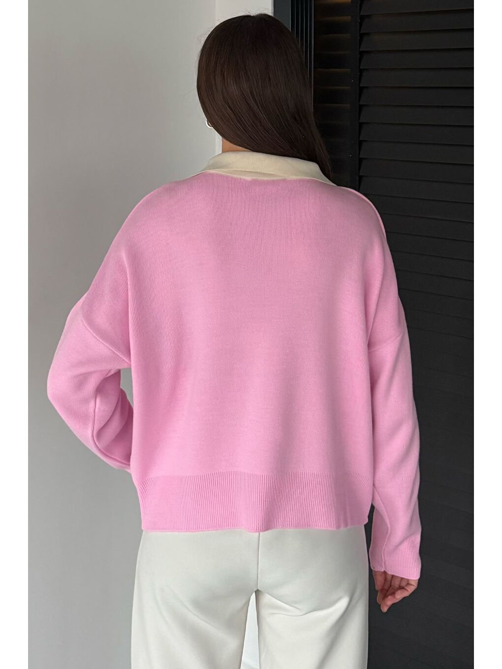 Pembe Polo Yaka Salaş Triko Bluz (s,m,l,xl Uyumludur)-2