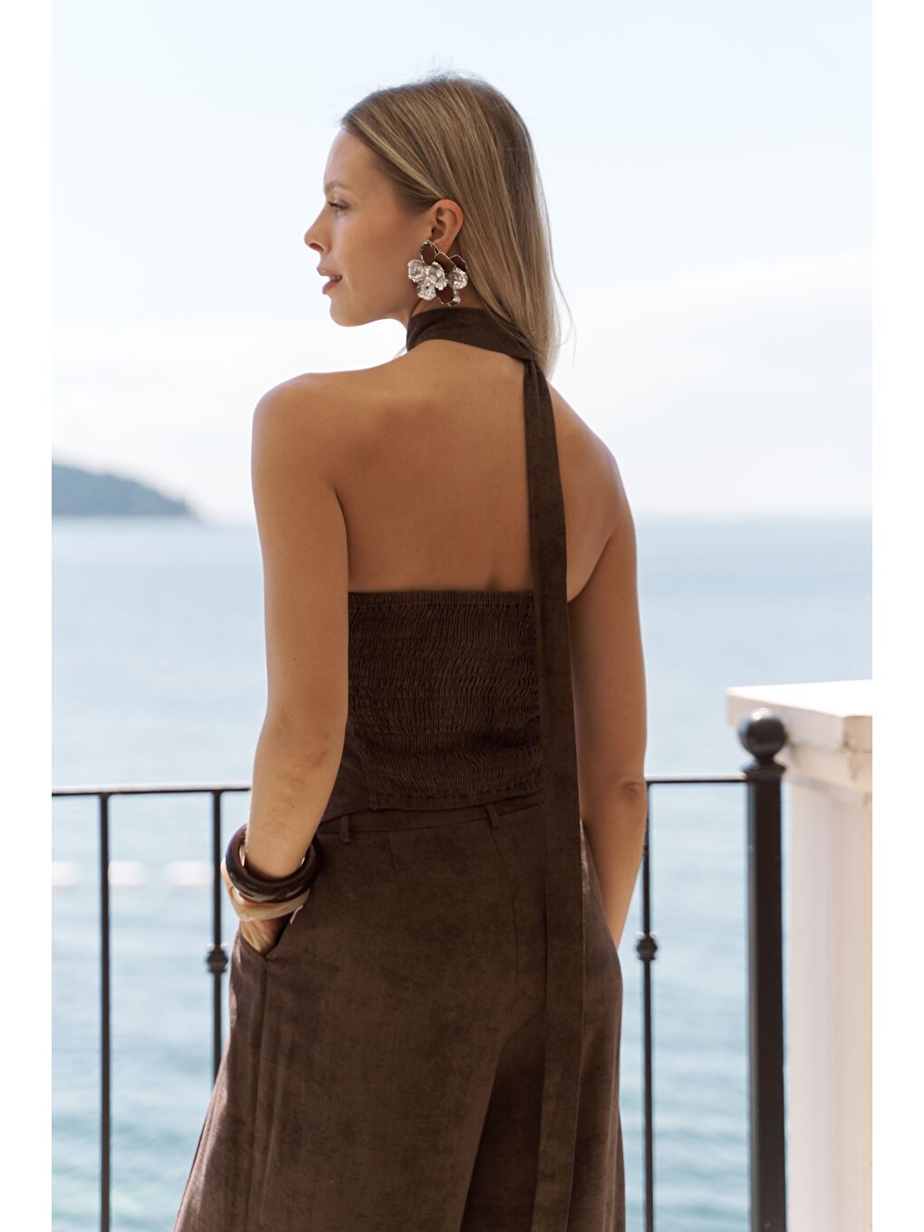 Kahverengi Bhioctoria Kahve Straplez Crop Pantolon Takım-3