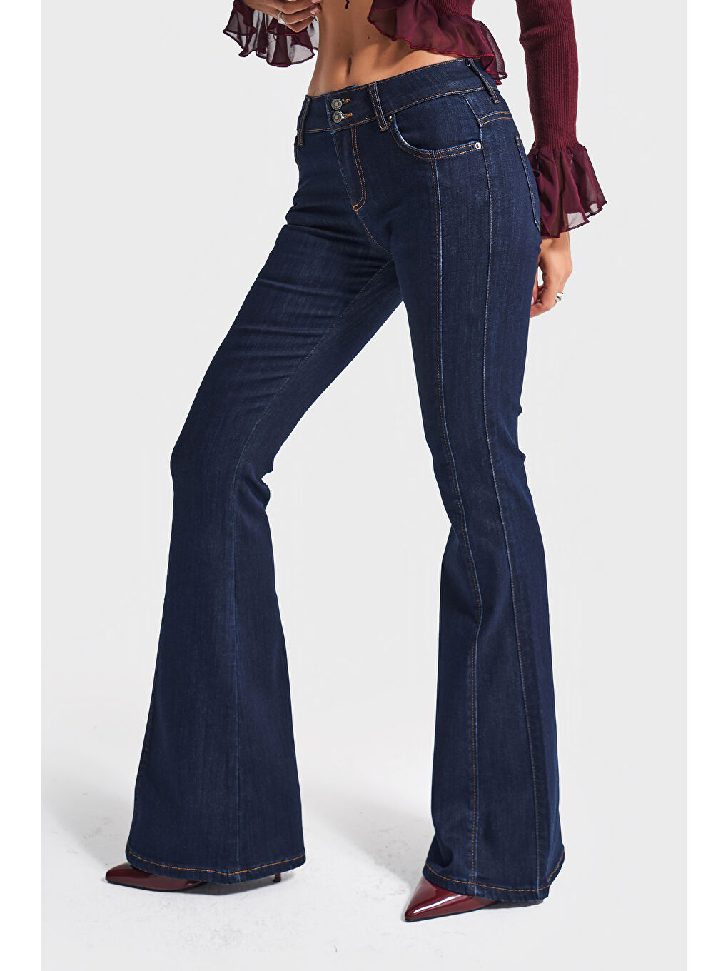 Kadın İndigo Renk 7w5-50 Midrise Flare Fit Esnek Elastan Kumaş Orta Bel Denim Jean