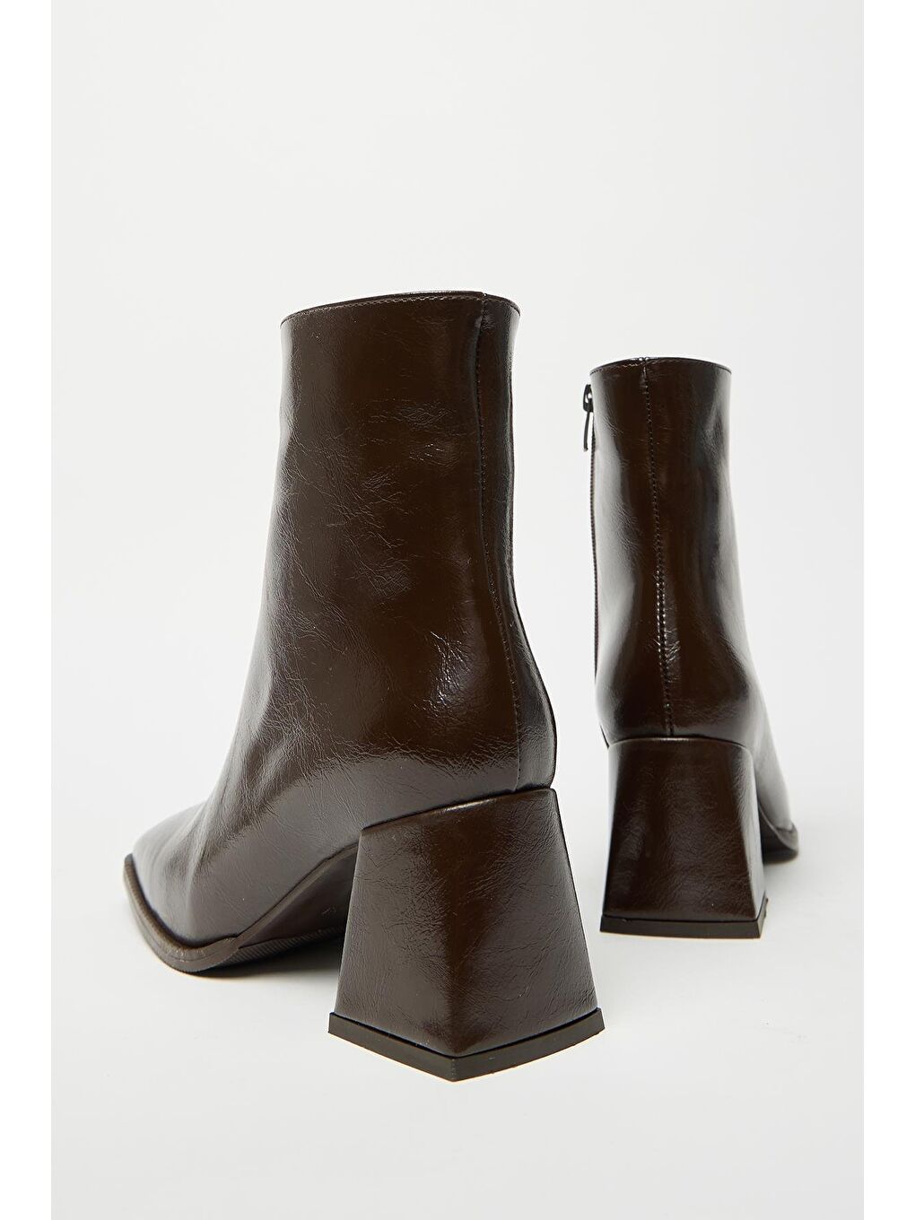 Kadın Kahverengi Rugan Bot & Bootie Küt Burun Topuklu Kontrast Pu Deri Fermuarlı-2