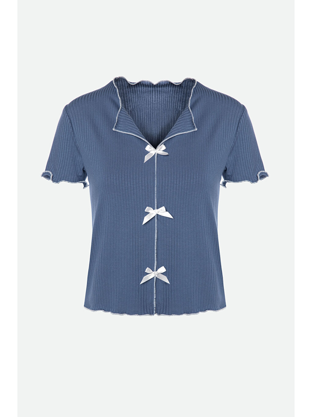 Yeşil Kadın Kısa Kollu Fiyonklu Fitilli Pijama Takımı-1