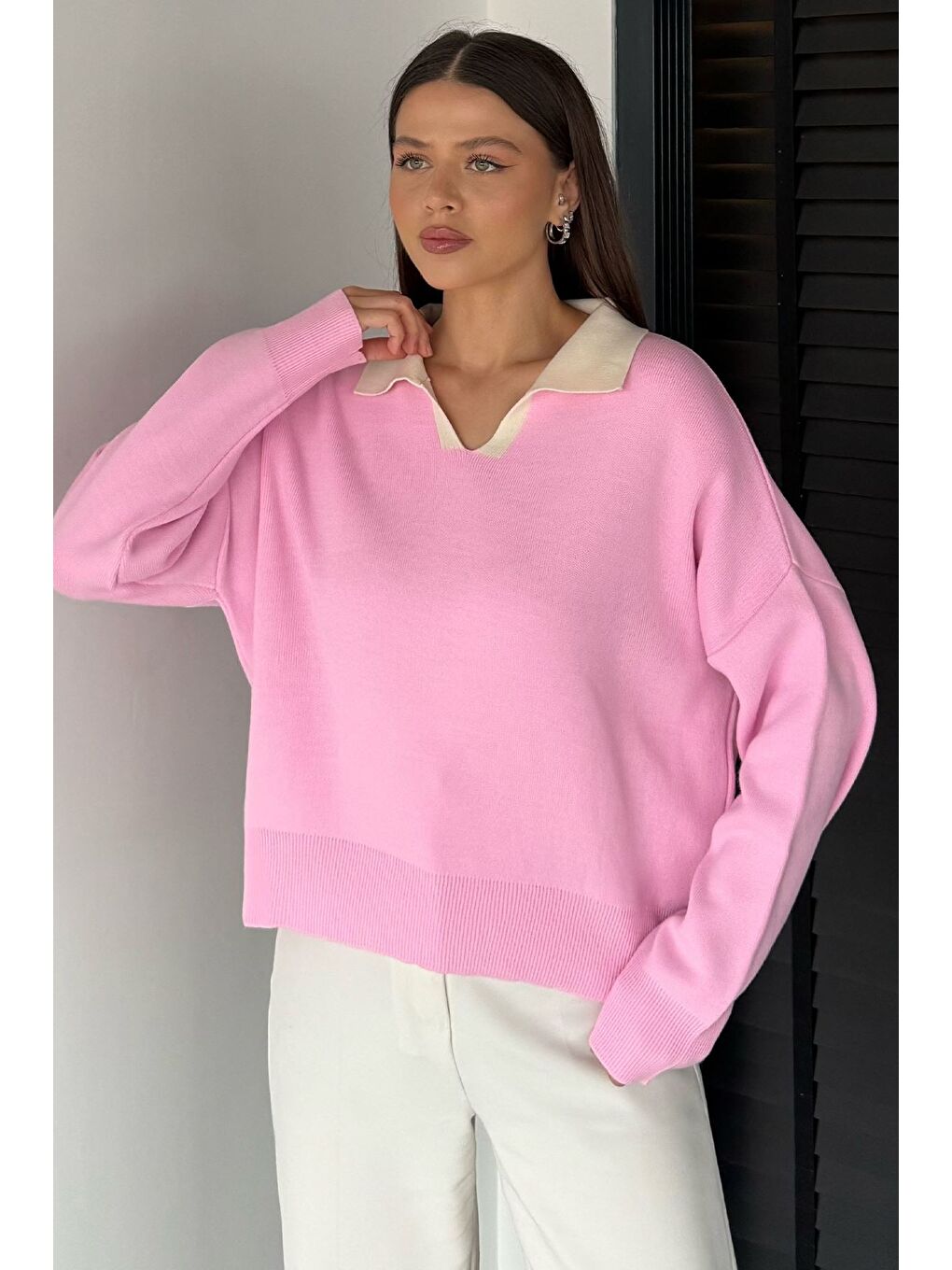 Pembe Polo Yaka Salaş Triko Bluz (s,m,l,xl Uyumludur)-3