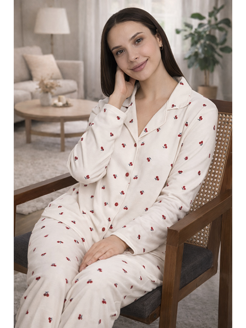 Kırmızı Kadın Desenli Gömlek Yaka Waffle Kumaş Yüksek Kalite Düğmeli Uzun Kollu Pijama Takımı-2