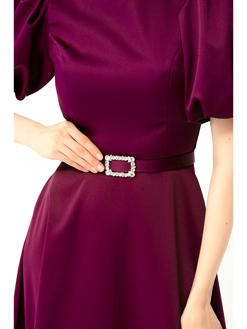 Kadın Mürdüm Balon Kollu Taşlı Kemerli Mini Saten Abiye Elbise-1