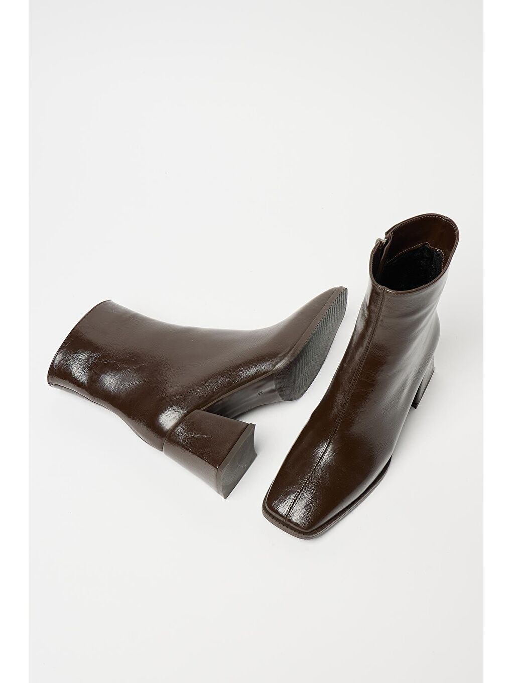 Kadın Kahverengi Rugan Bot & Bootie Küt Burun Topuklu Kontrast Pu Deri Fermuarlı-3