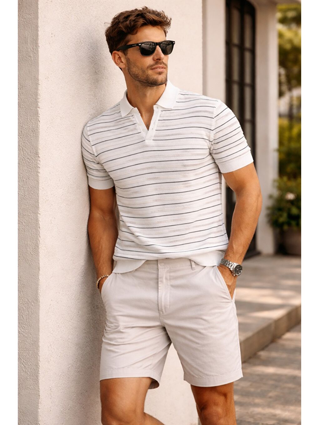 Beyaz Erkek Çizgili Triko Slim Fit Polo Yaka T-Shirt-1