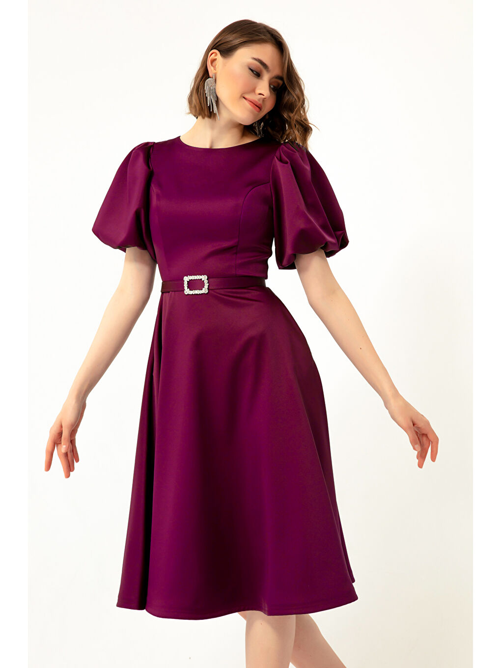Kadın Mürdüm Balon Kollu Taşlı Kemerli Mini Saten Abiye Elbise-2