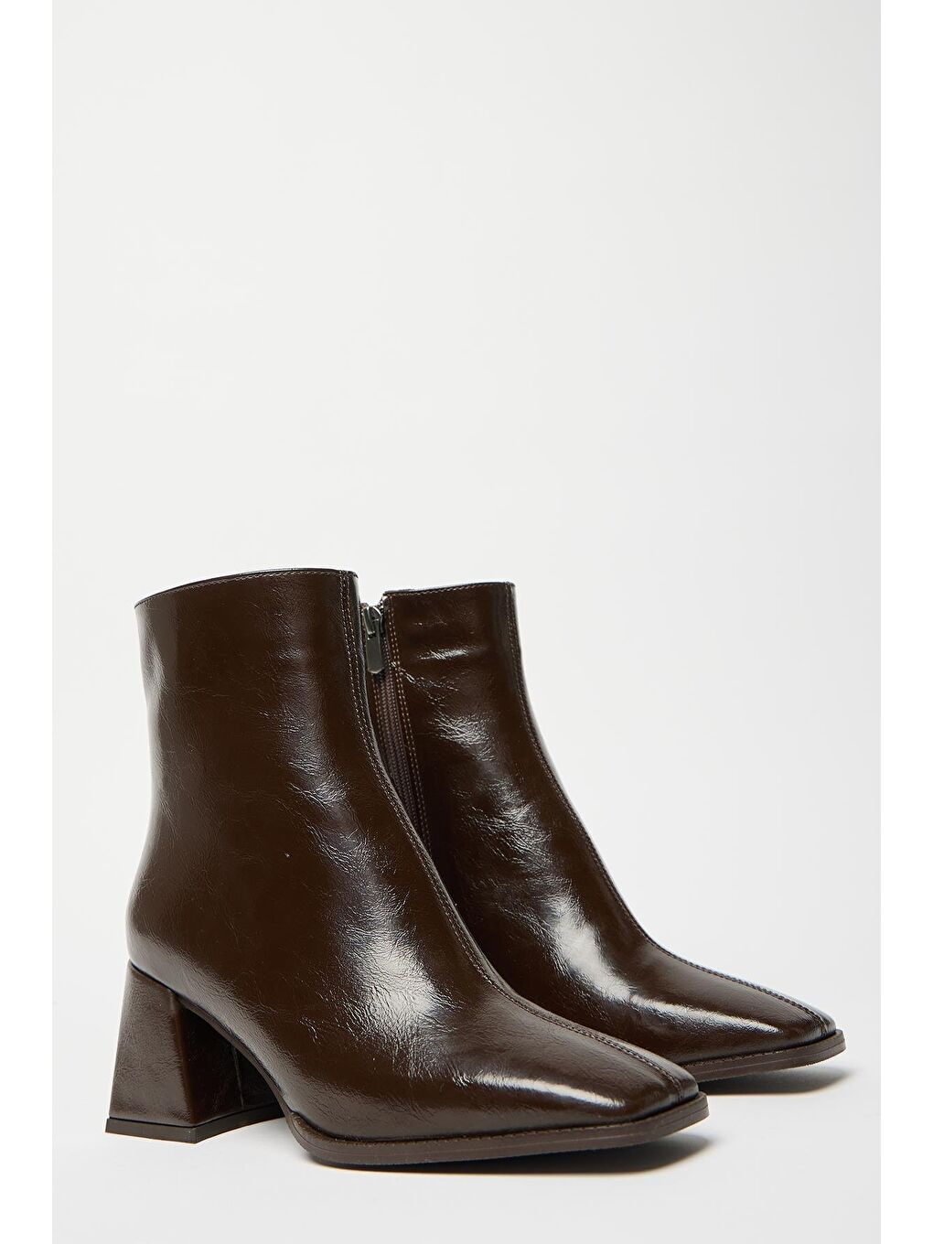 Kadın Kahverengi Rugan Bot & Bootie Küt Burun Topuklu Kontrast Pu Deri Fermuarlı-4