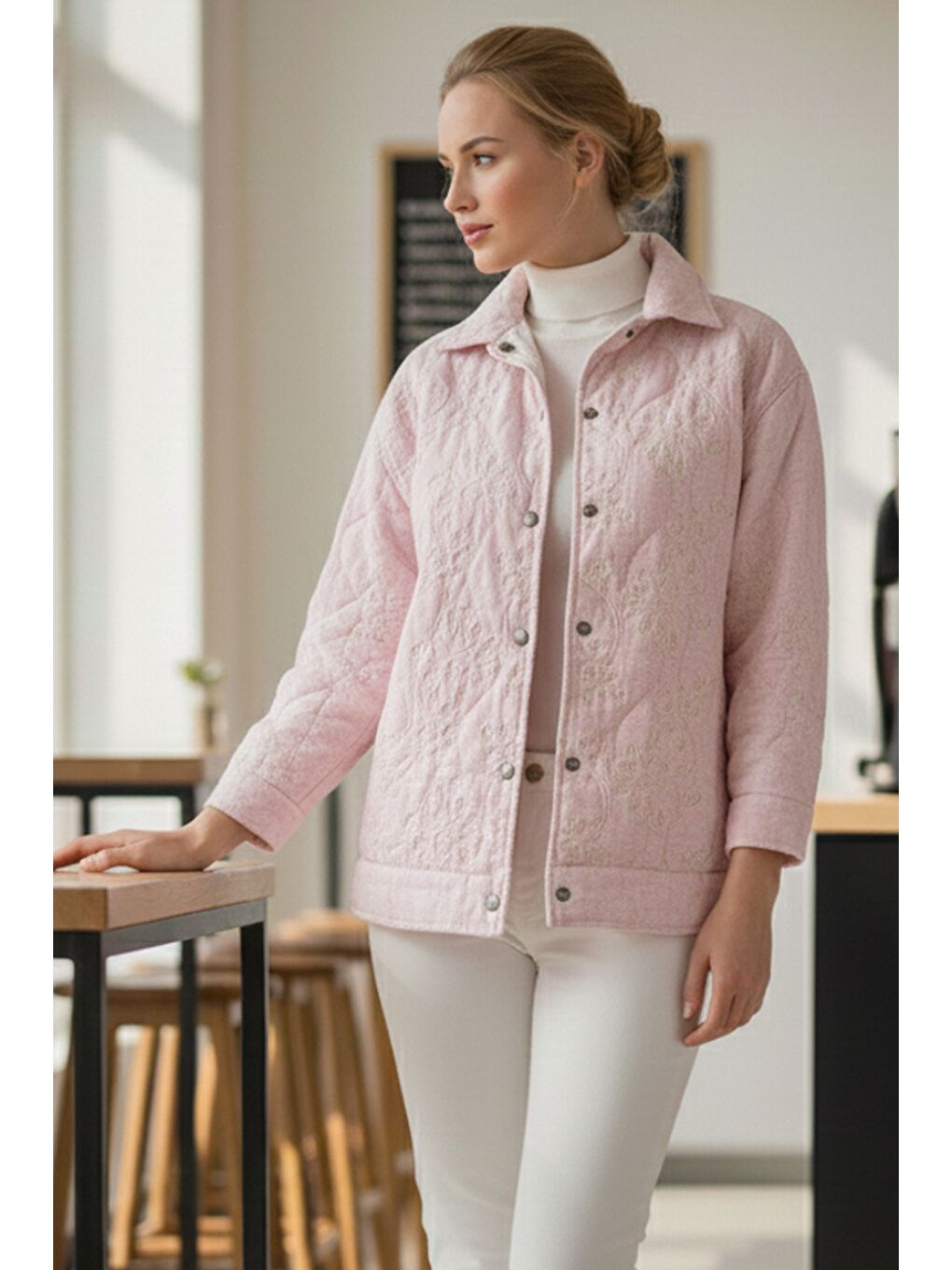 Pastel Pembe Gömlek Yaka Uzun Kol Çıt Çıtlı Casual Kapitone Dokuma Ceket 68 55